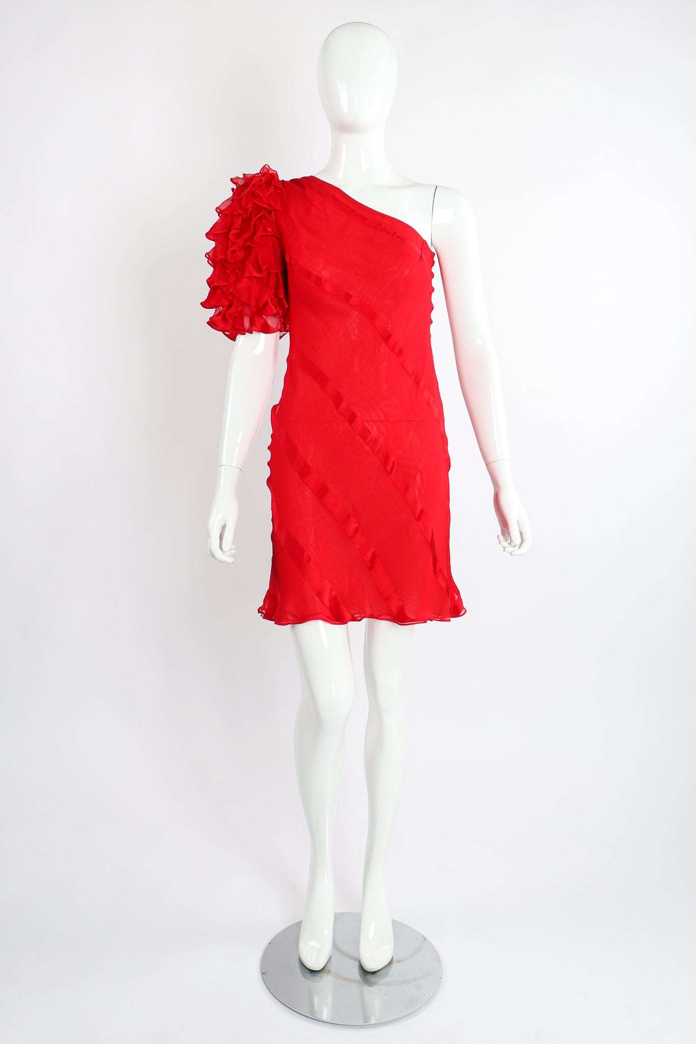 Vintage Judy Hornby Asymmetrical Ruffle Sleeve Bias Dress on Mannequin Front at Recess Los Angeles