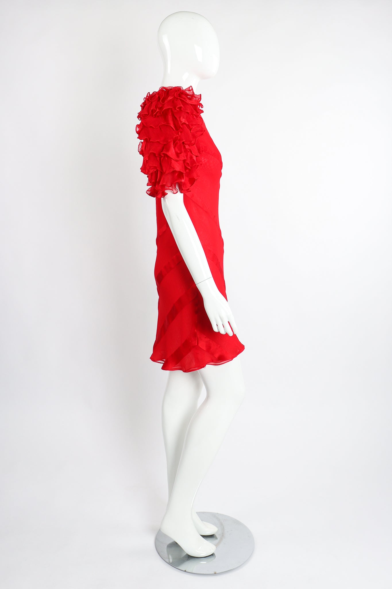 Vintage Judy Hornby Asymmetrical Ruffle Sleeve Bias Dress on Mannequin Side at Recess Los Angeles