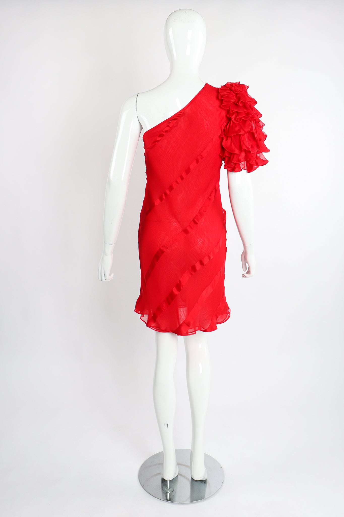 Vintage Judy Hornby Asymmetrical Ruffle Sleeve Bias Dress on Mannequin Back at Recess Los Angeles