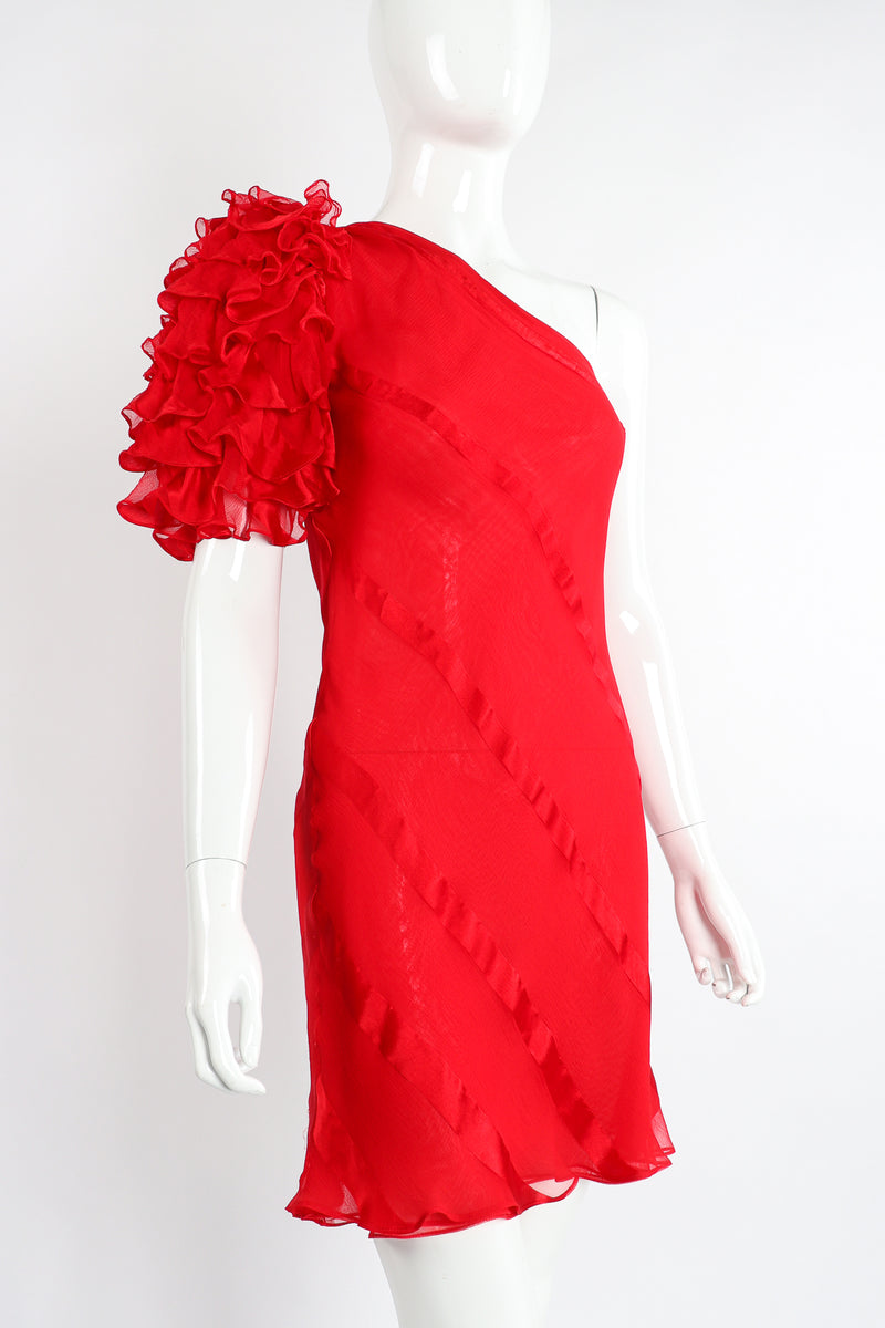 Vintage Judy Hornby Asymmetrical Ruffle Sleeve Bias Dress on Mannequin Angle Crop at Recess LA