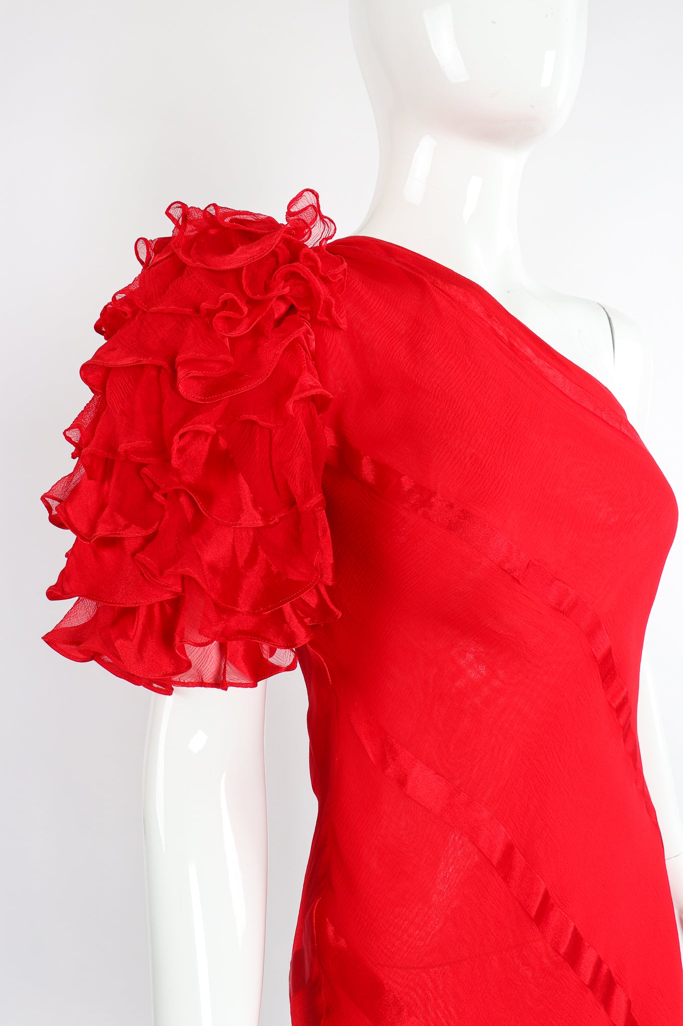 Vintage Judy Hornby Asymmetrical Ruffle Sleeve Bias Dress on Mannequin Sleeve detail at Recess LA