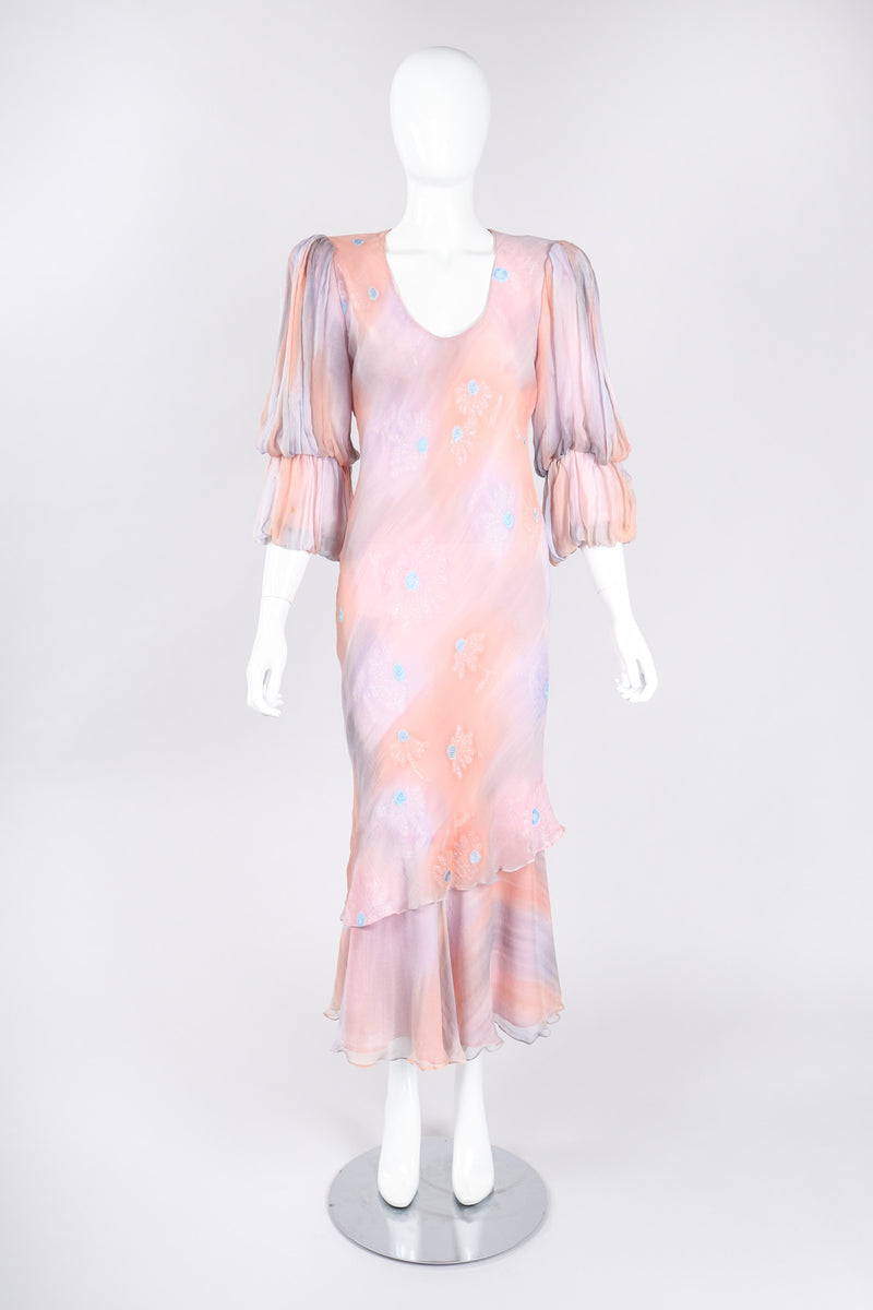 Recess Los Angeles Vintage Judy Hornby Silk Chiffon Watercolor Sunset Sky Bias Dress