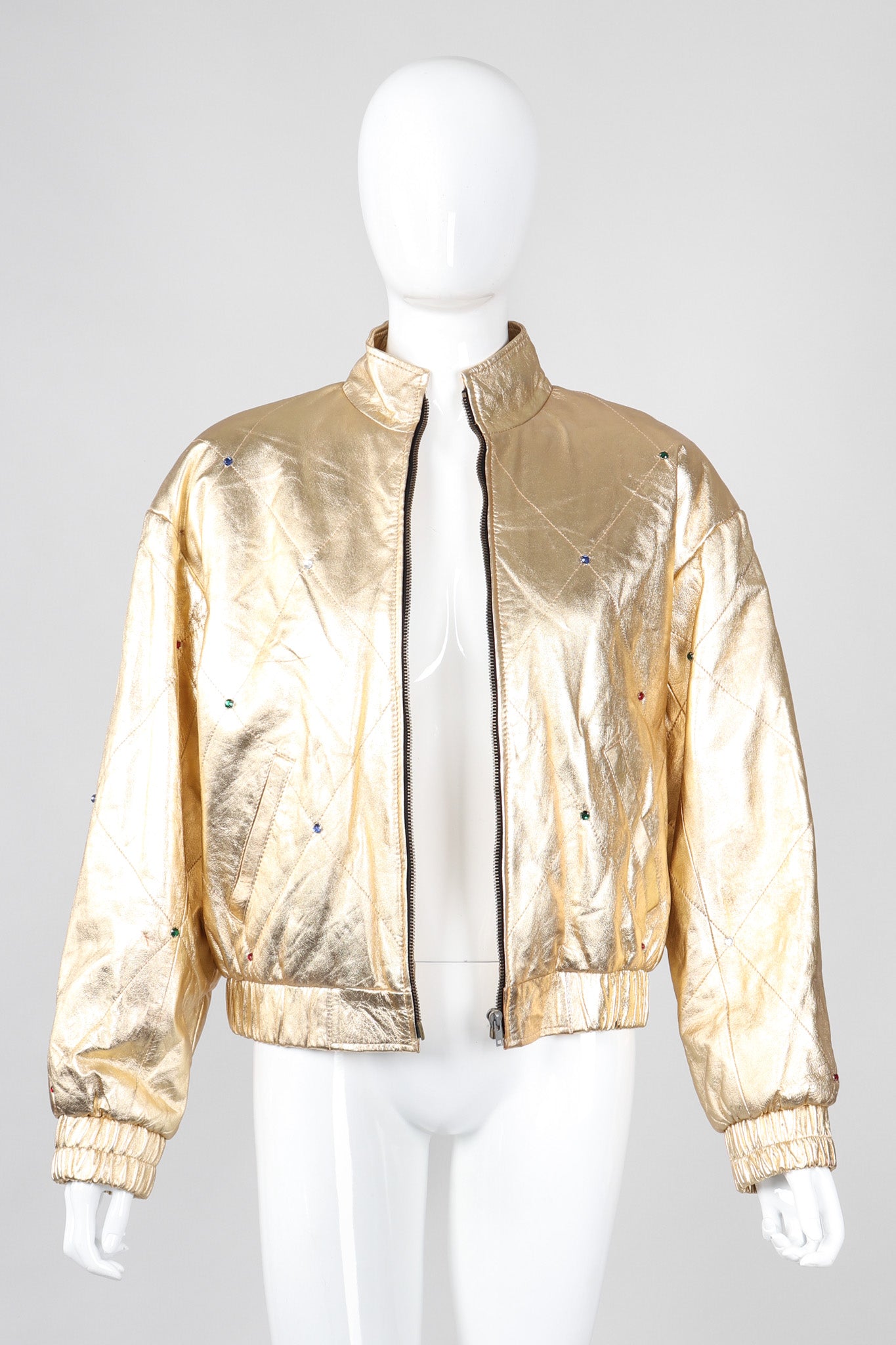 Recess Los Angeles Vintage crystal Stud Julian K Gold Leather Lamé Bomber Jacket