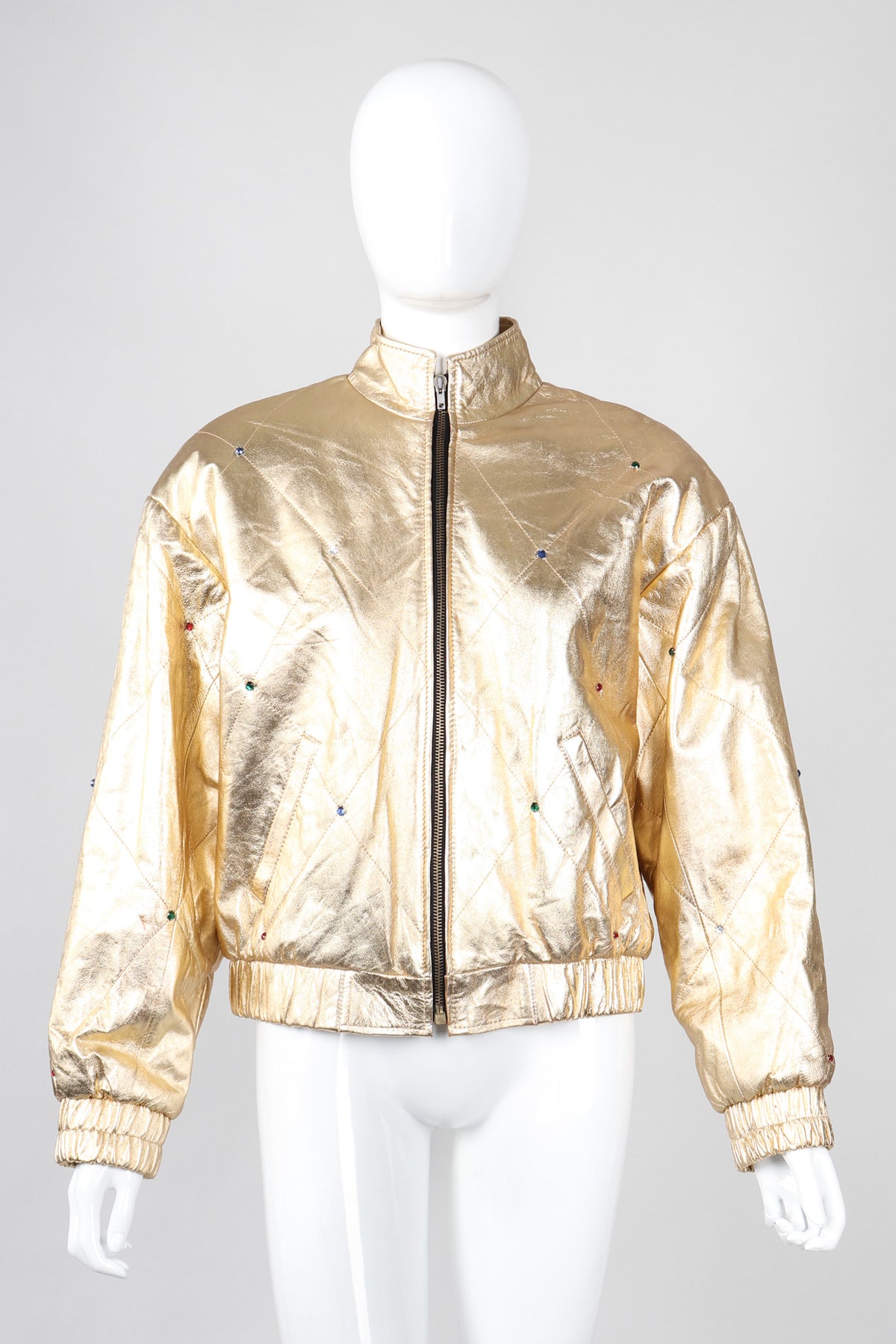 Vintage Crystal Stud Julian K Gold Leather Lamé Bomber Jacket – Recess