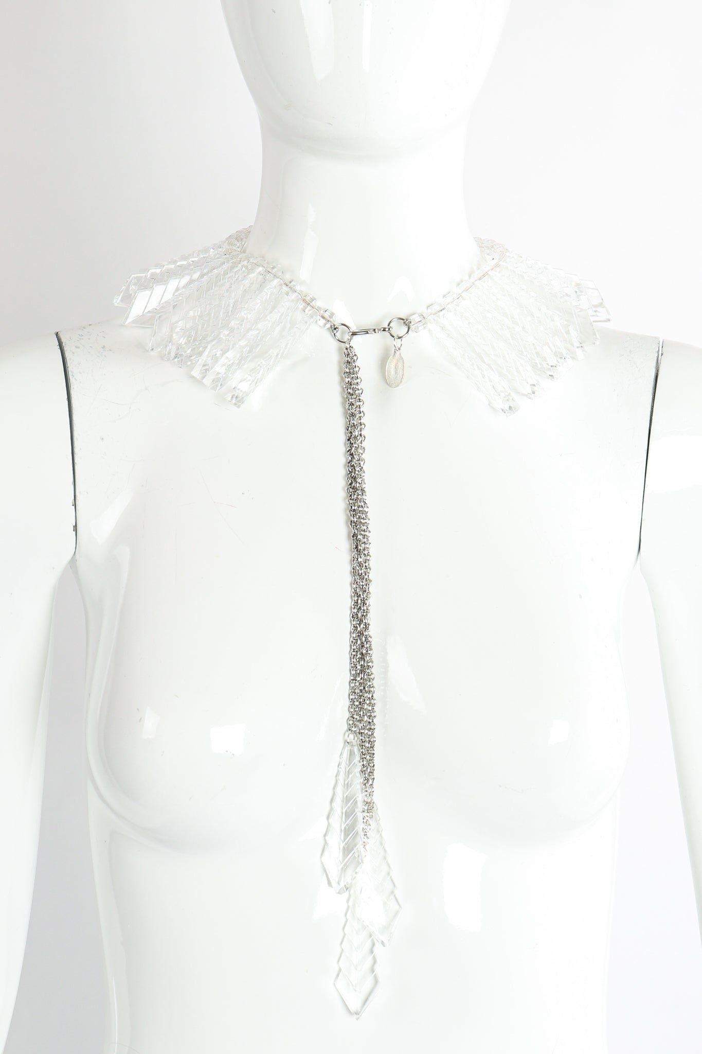 Vintage Julie Rubano Clear Lucite Arrow Icicle Collar Necklace on Mannequin front at Recess LA