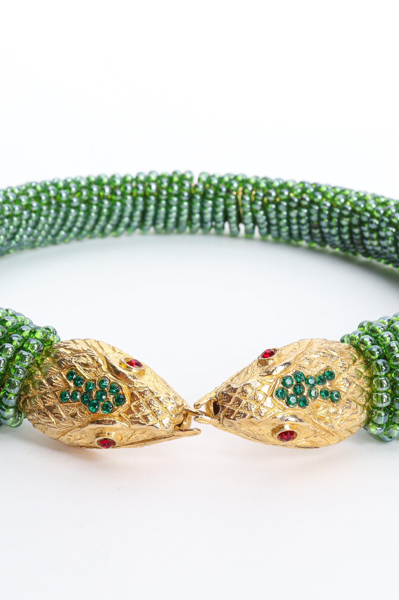 Vintage Julie Rubano Green Beaded Snake Collar Heads Closeup at Recess LA