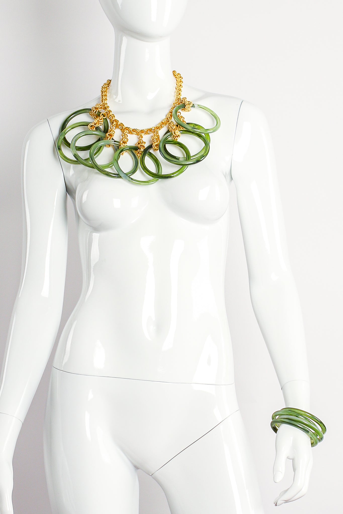Vintage Julie Rubano Large Lucite Rings Chain Link Necklace with Bangles on Mannequin at Recess LA