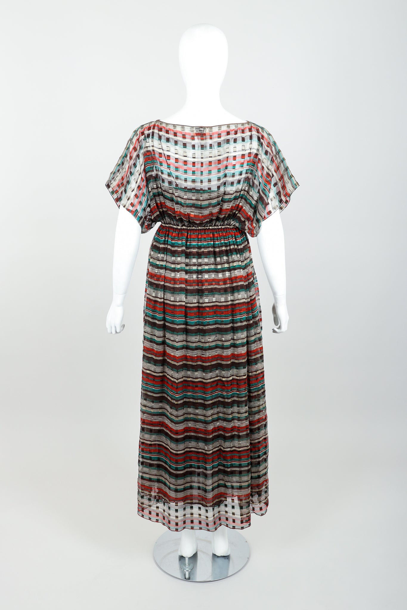 Vintage Julio Sheer Silk Chiffon Stripe Dress On mannequin back at recess
