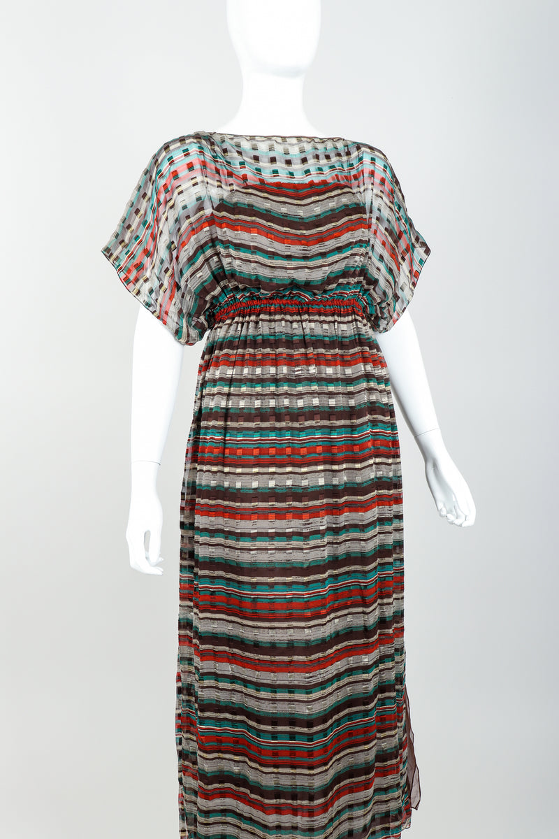 Vintage Julio Sheer Silk Chiffon Stripe Dress On mannequin angle at recess