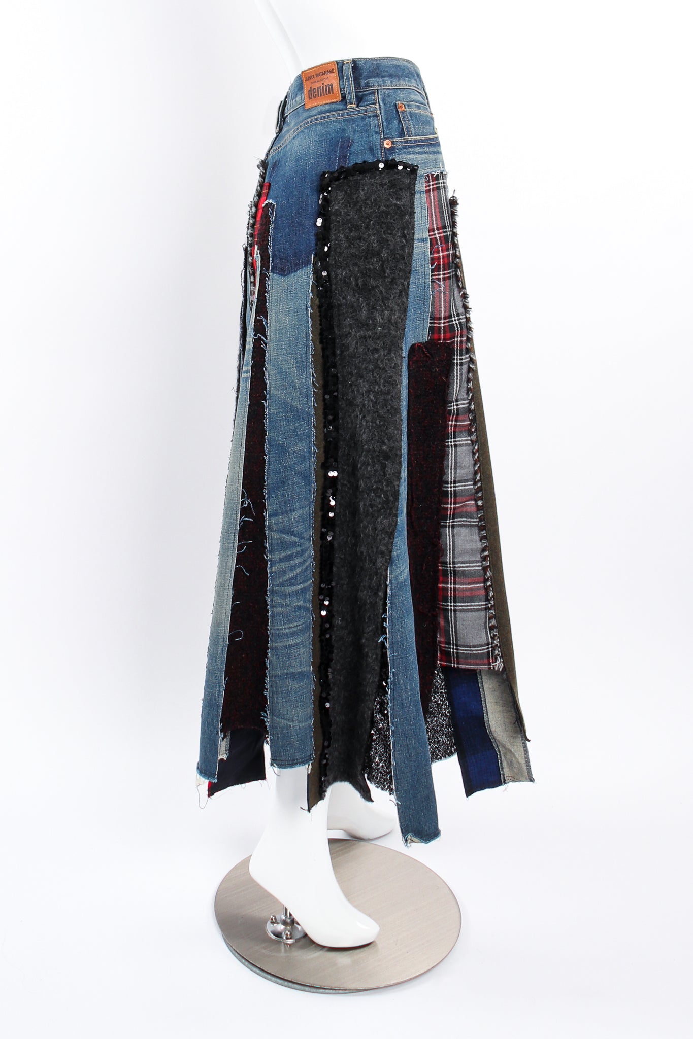 Vintage Junya Watanabe Comme des Garçons Denim Patchwork Denim Skirt on mannequin side @ Recess LA