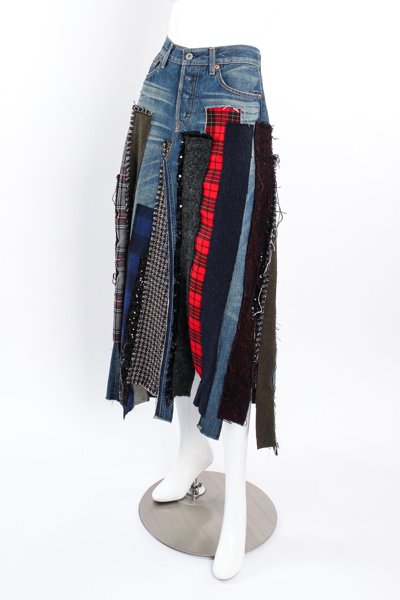 Vintage Junya Watanabe Comme des Garçons Denim Patchwork Denim Skirt on mannequin angle @ Recess LA