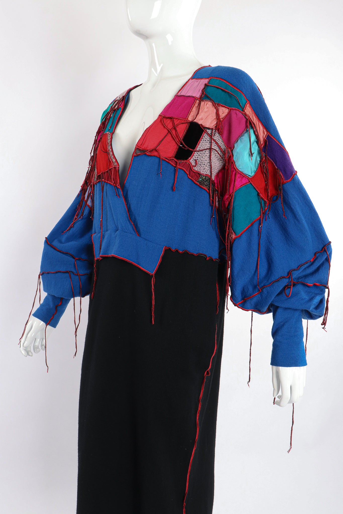 Vintage Just Me Charlene Patchwork Fringe Shift Sweater Dress on Mannequin angle at Recess LA