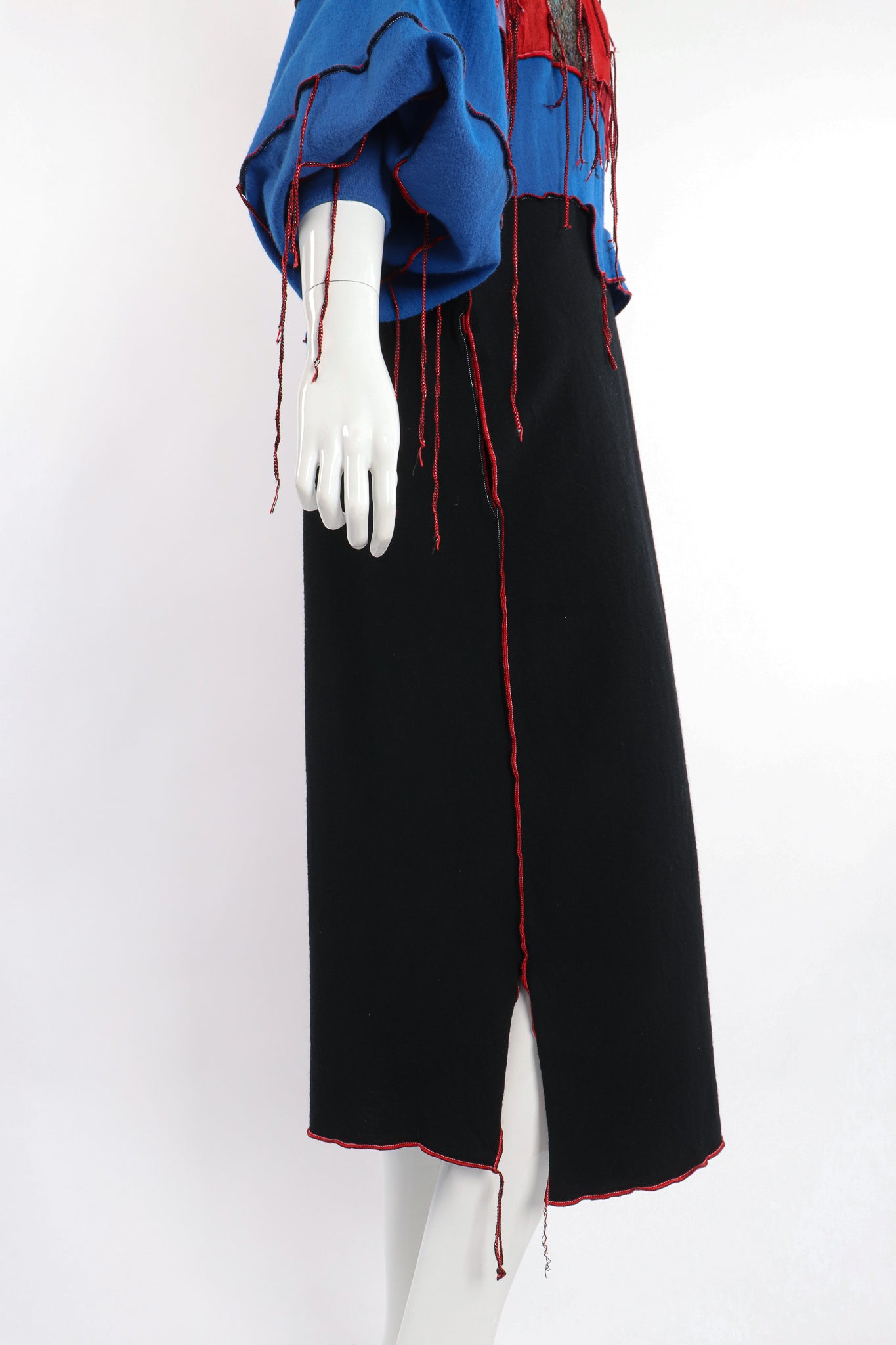 Vintage Just Me Charlene Patchwork Fringe Shift Sweater Dress on Mannequin skirt at Recess LA