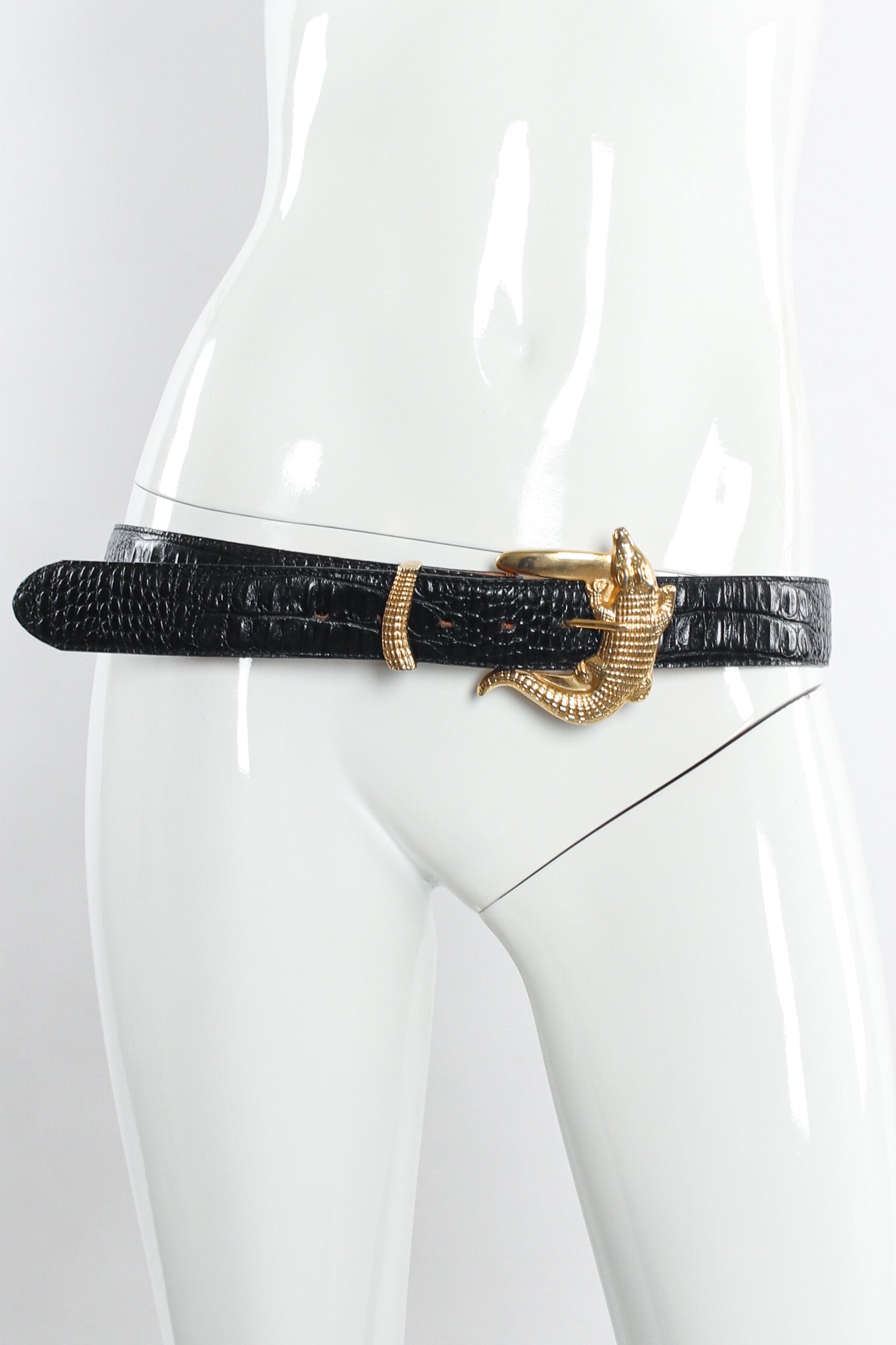 Black reptile leather belt with large alligator buckle by Justin on mannequin @recessla