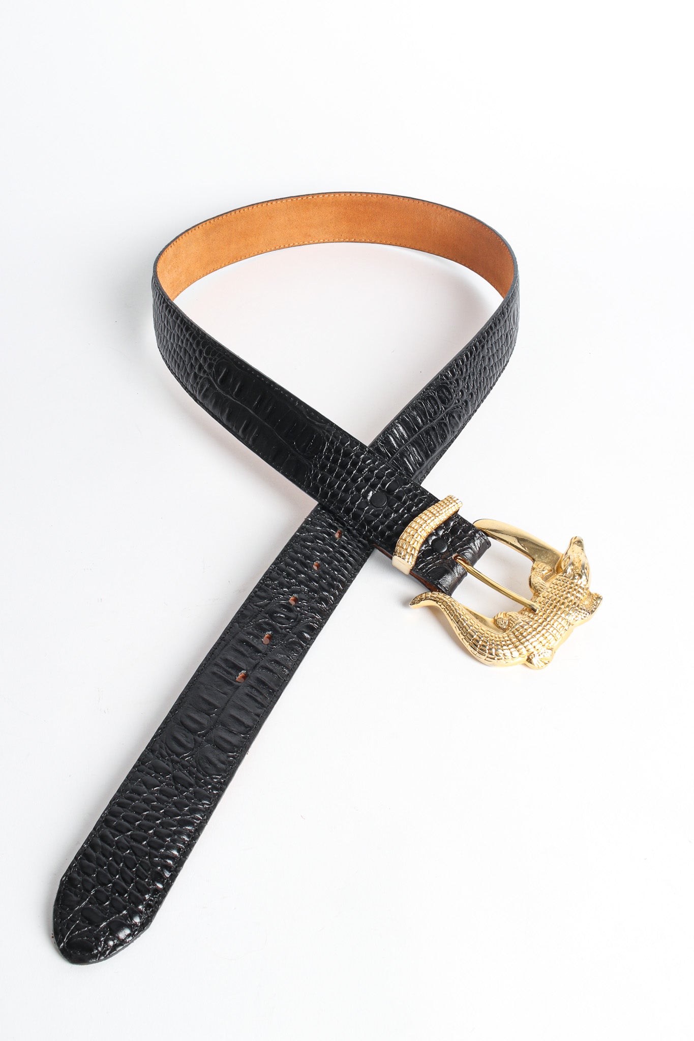 Black reptile leather belt with large alligator buckle by Justin loop flat lay @recessla