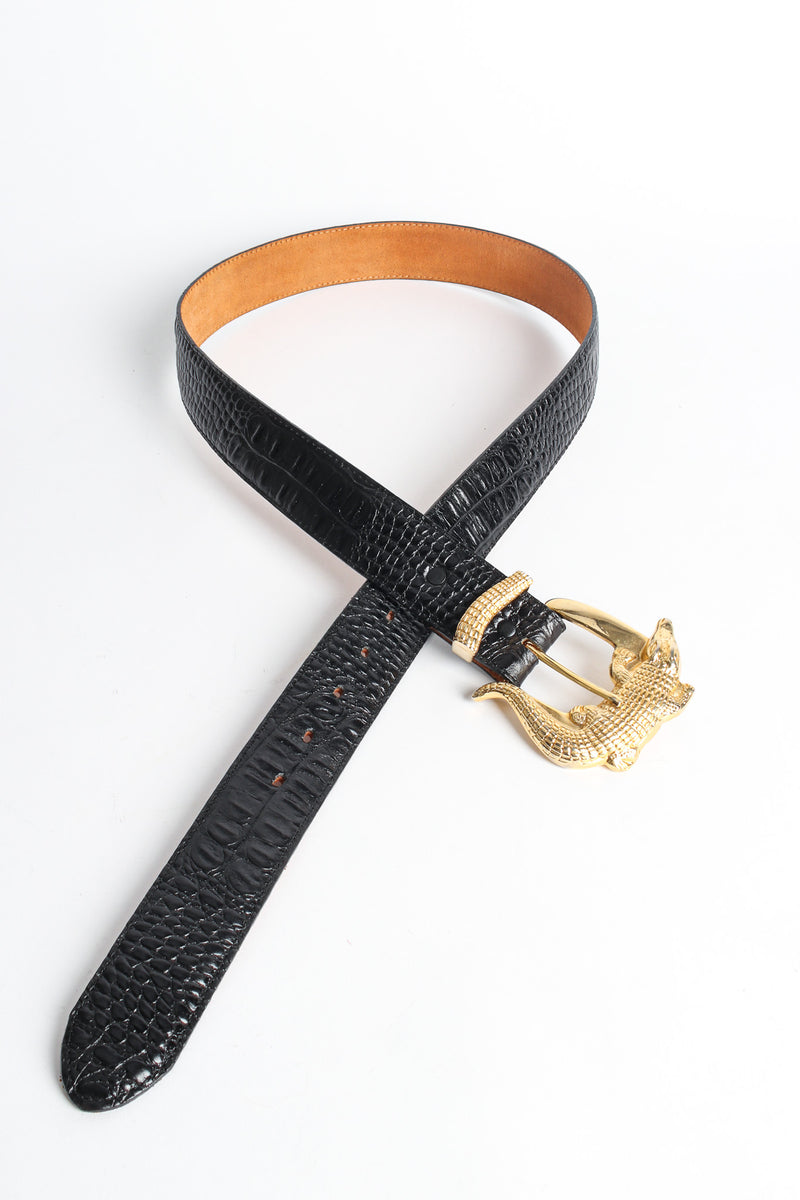 Black reptile leather belt with large alligator buckle by Justin loop flat lay @recessla