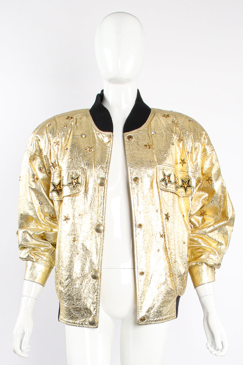 Vintage K.Baumann Studded Gold Leather Bomber Jacket on Mannequin front at Recess Los Angeles