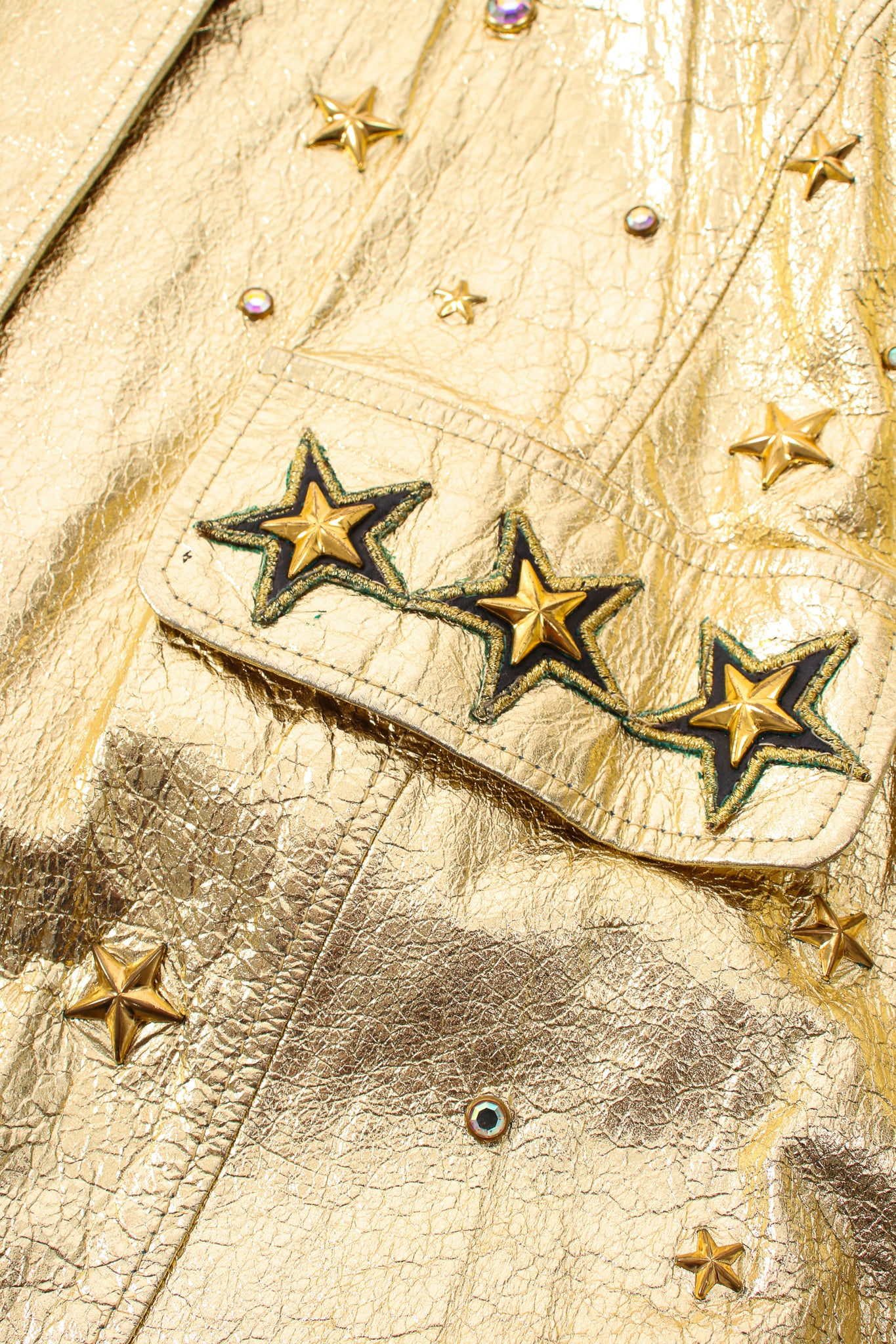 Vintage K.Baumann Studded Gold Leather Bomber Jacket pocket detail at Recess Los Angeles