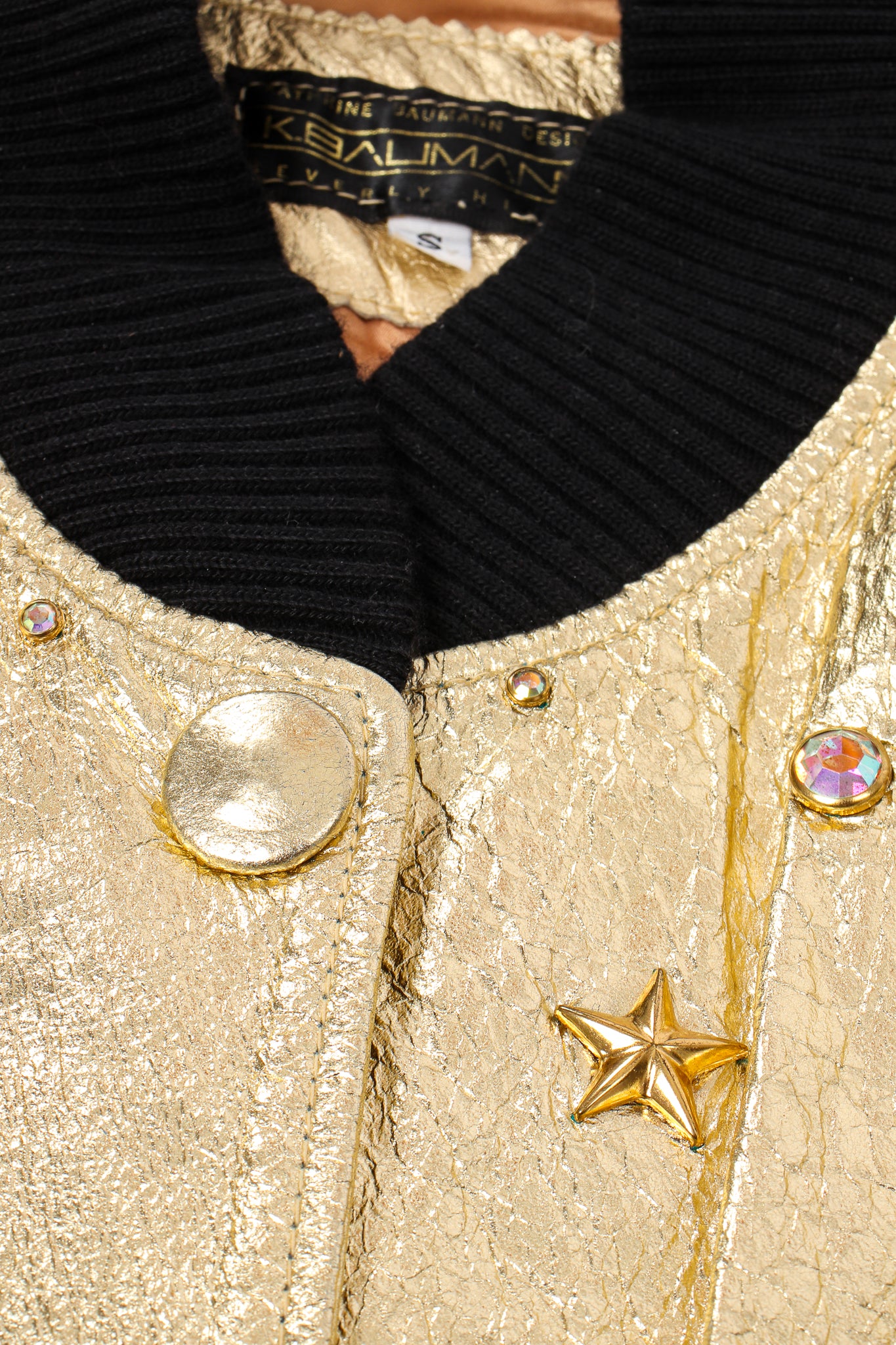 Vintage K.Baumann Studded Gold Leather Bomber Jacket collar at Recess Los Angeles