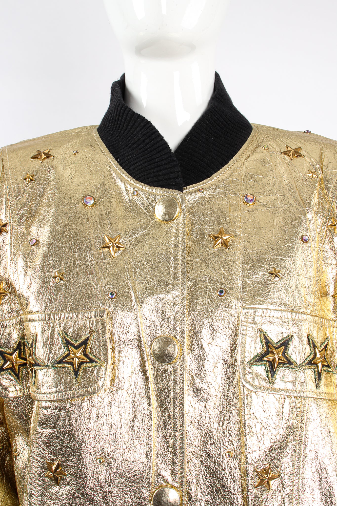 Vintage K.Baumann Studded Gold Leather Bomber Jacket on Mannequin neck at Recess Los Angeles