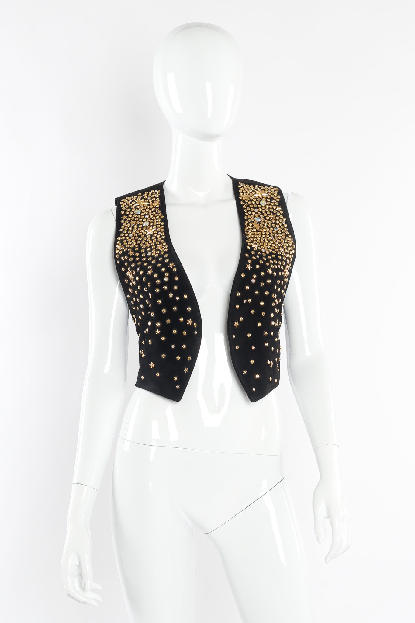 Leather vest with eclectic star and opalescent studs by K.Baumann front mannequin view photo @recessla