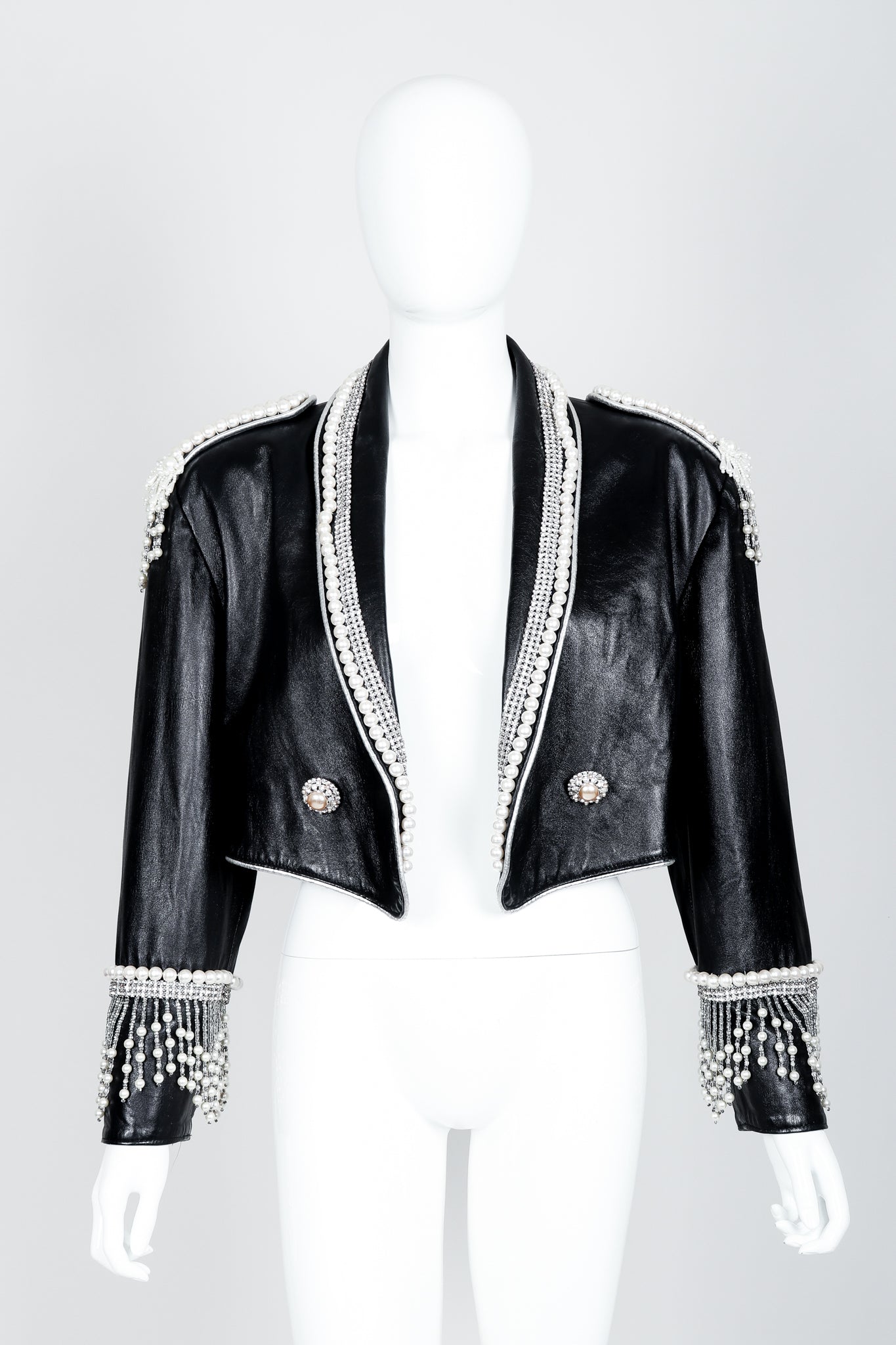 Vintage Kanar Pearl Fringe Cropped Leather Tux Jacket Front on Mannequin at Recess
