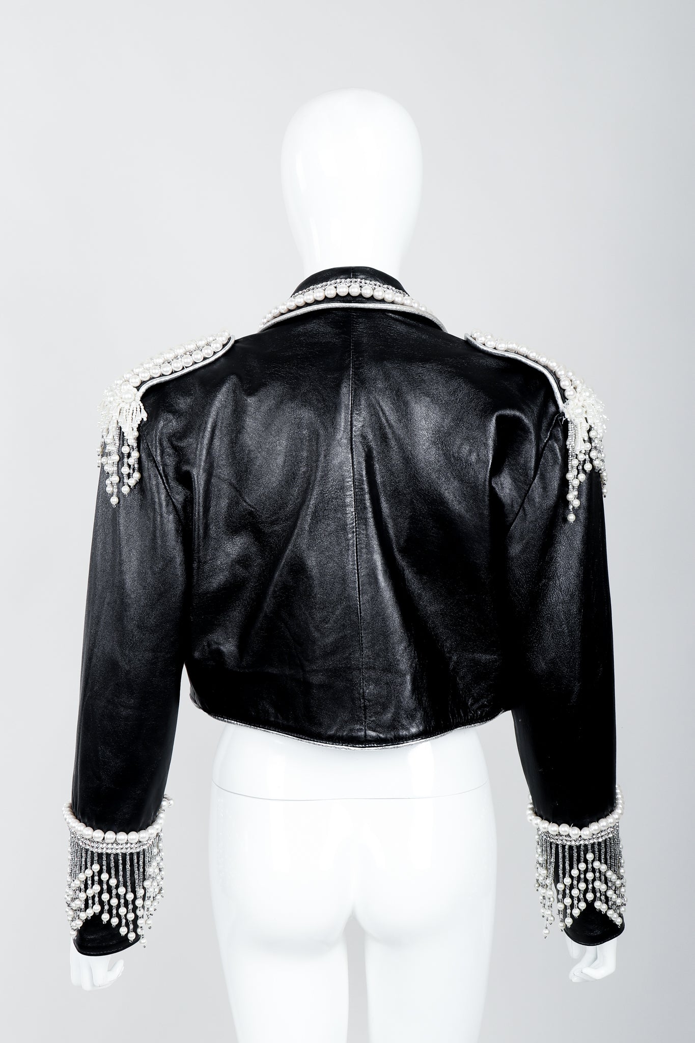 Vintage Kanar Pearl Fringe Cropped Leather Tux Jacket Back on Mannequin at Recess