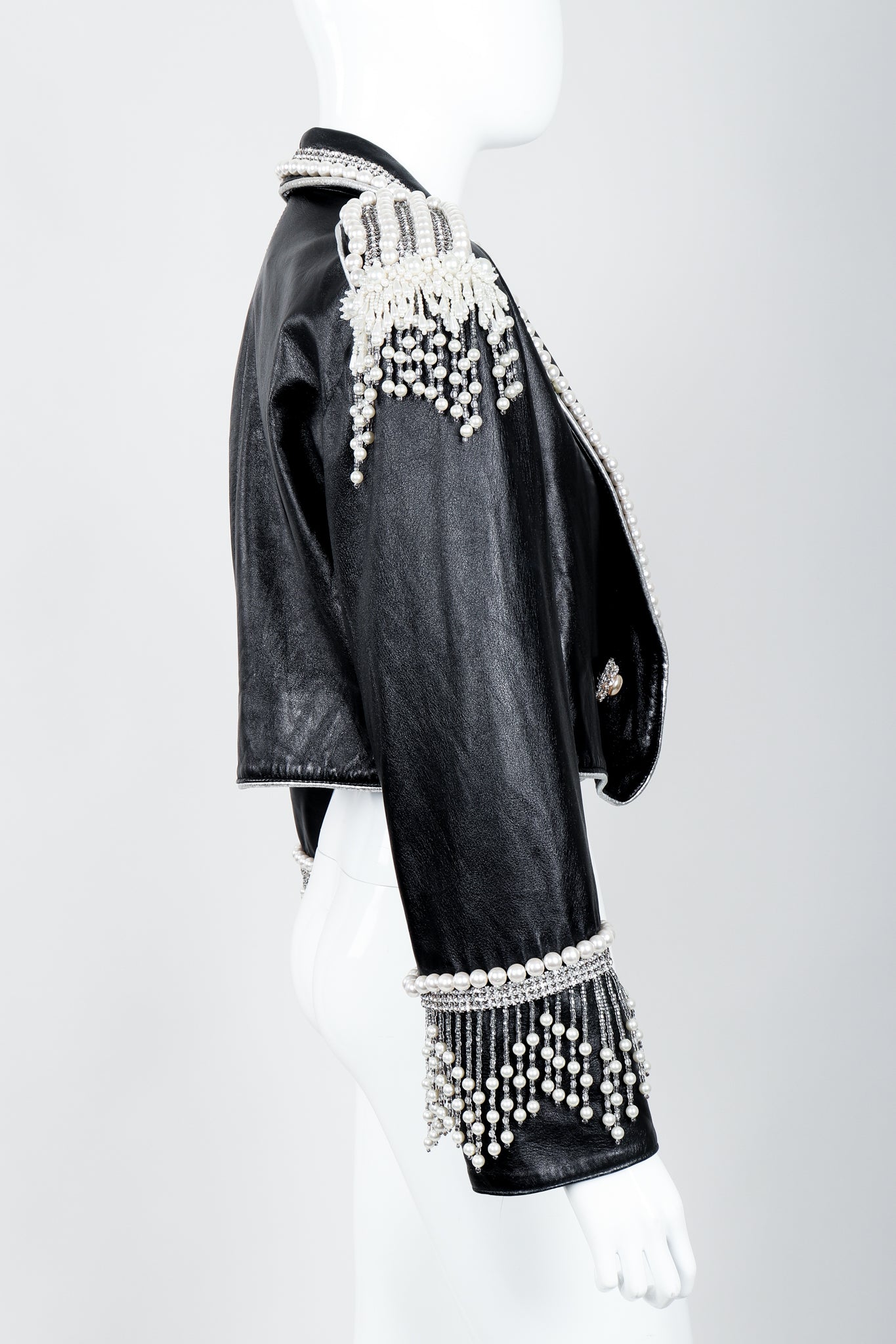 Vintage Kanar Pearl Fringe Cropped Leather Tux Jacket Side on Mannequin at Recess