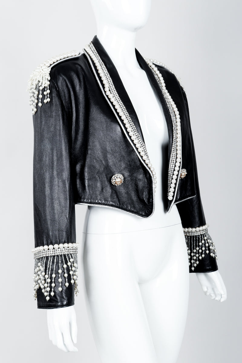 Vintage Kanar Pearl Fringe Cropped Leather Tux Jacket Crop Angle on Mannequin at Recess