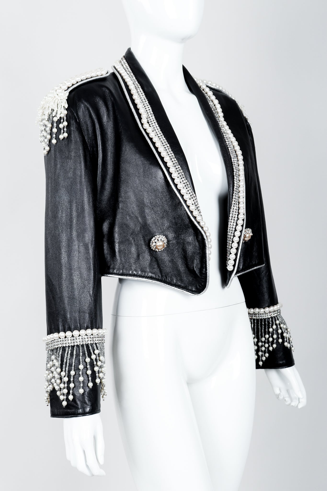 Vintage Kanar Pearl Fringe Cropped Leather Tux Jacket Crop Angle on Mannequin at Recess LA