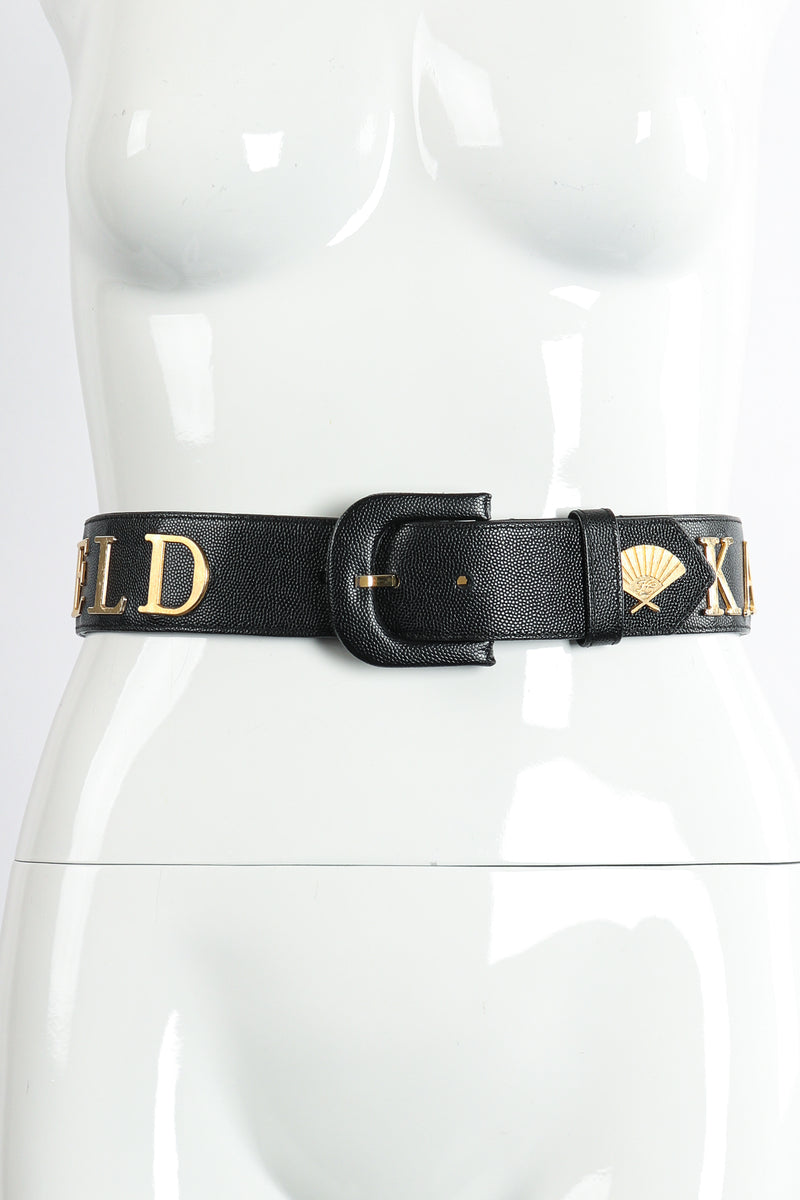 Vintage Karl Lagerfeld Leather Logo Belt on Mannequin Front at Recess Los Angeles