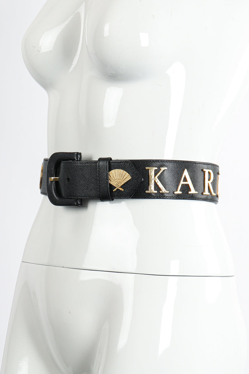 Vintage Karl Lagerfeld Leather Logo Belt on Mannequin Side at Recess Los Angeles