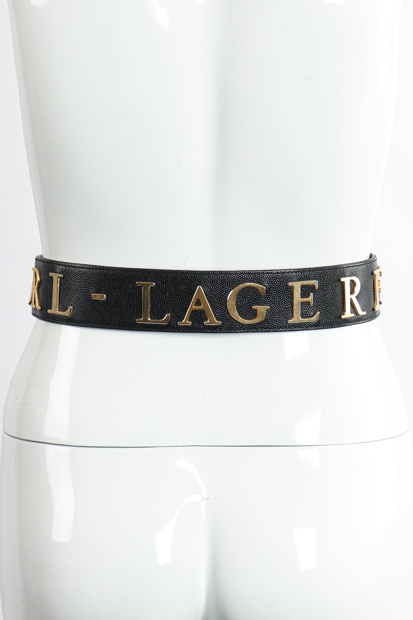 Vintage Karl Lagerfeld Leather Logo Belt on Mannequin Back at Recess Los Angeles
