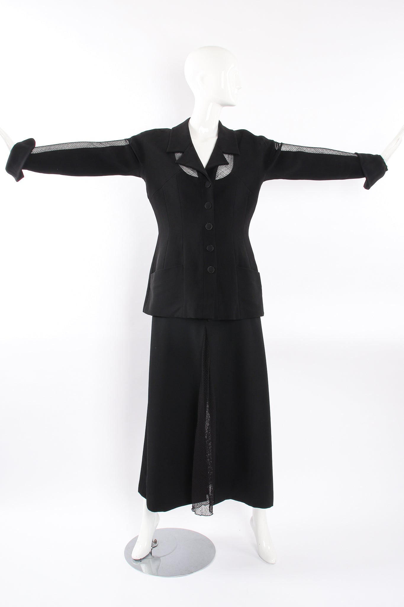 VIntage Karl Lagerfeld Mesh Cutout Jacket & Skirt Set on Mannequin front at Recess LA