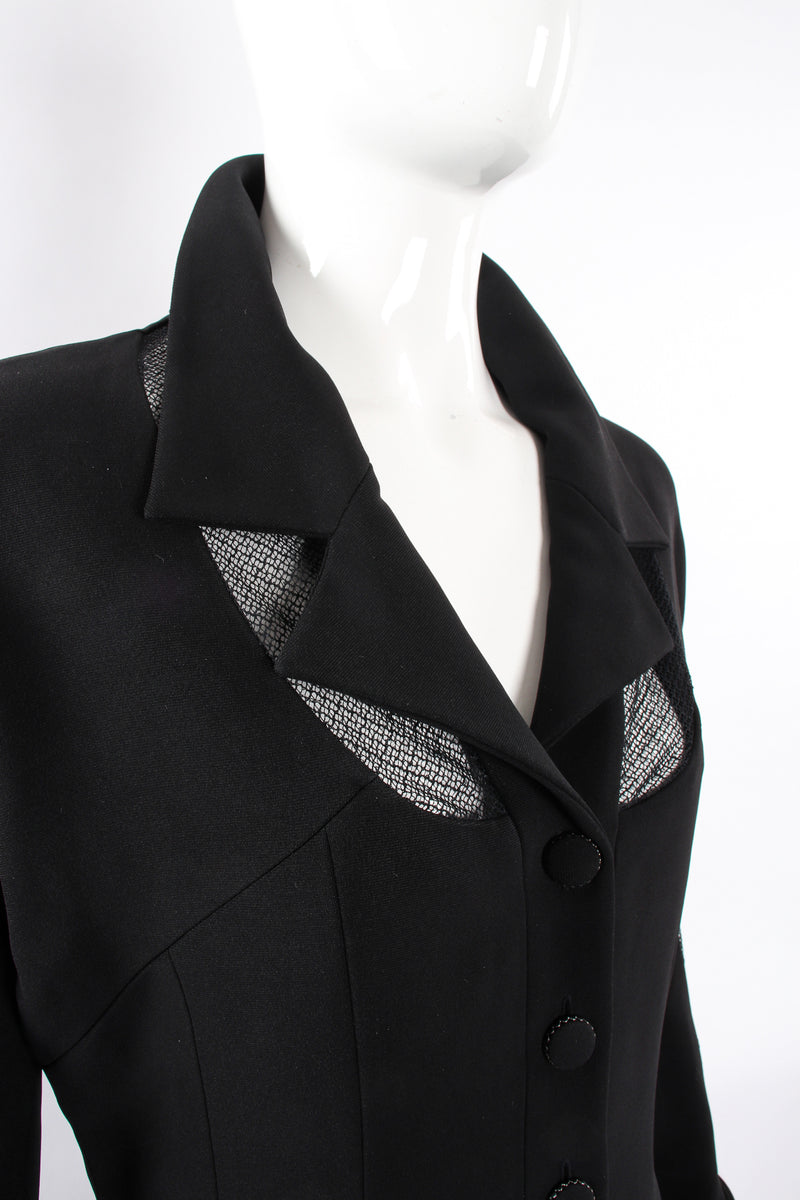 VIntage Karl Lagerfeld Mesh Cutout Jacket & Skirt Set on Mannequin neckline at Recess Los Angeles