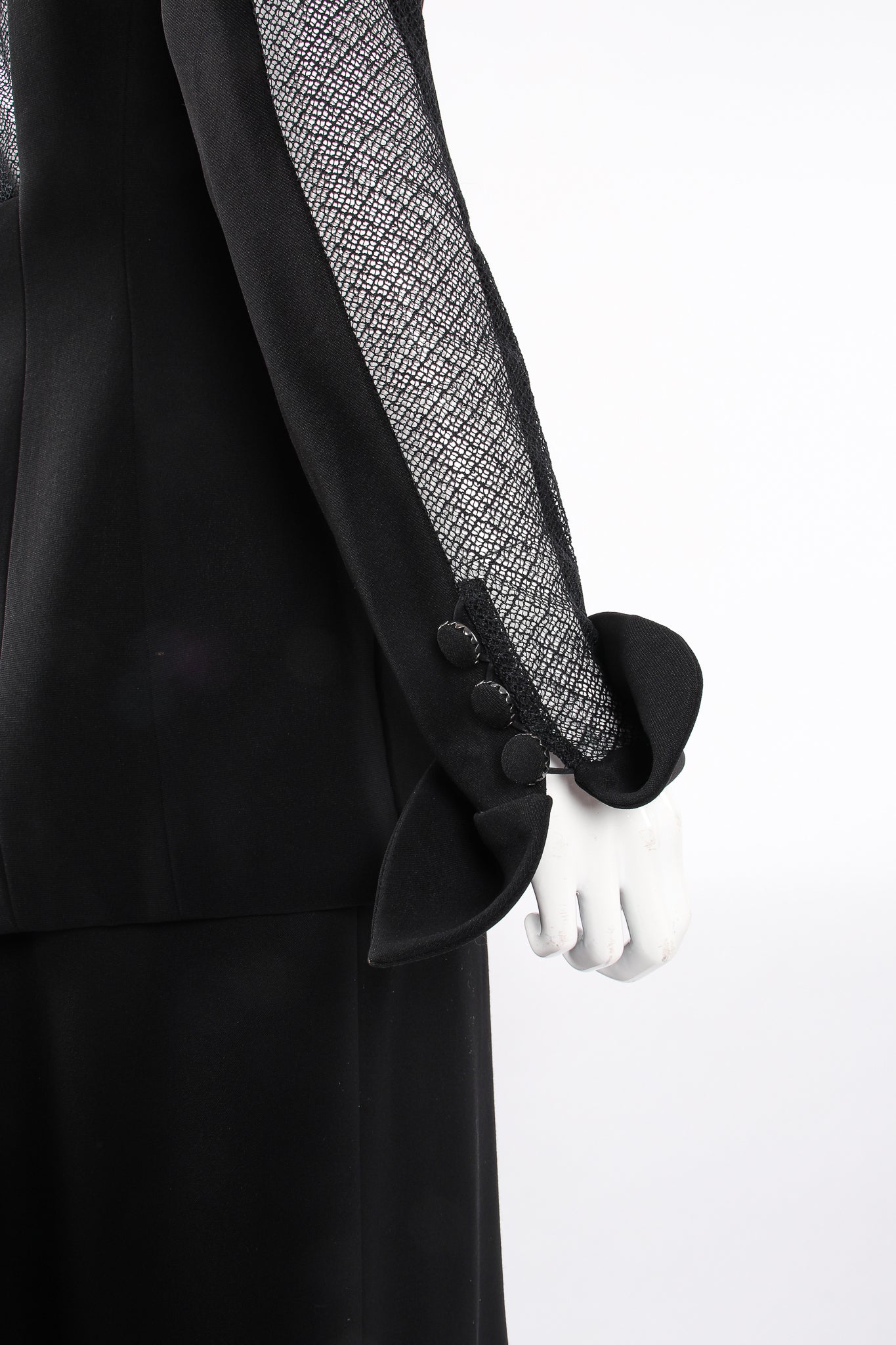 VIntage Karl Lagerfeld Mesh Cutout Jacket & Skirt Set on Mannequin sleeve detail at Recess LA