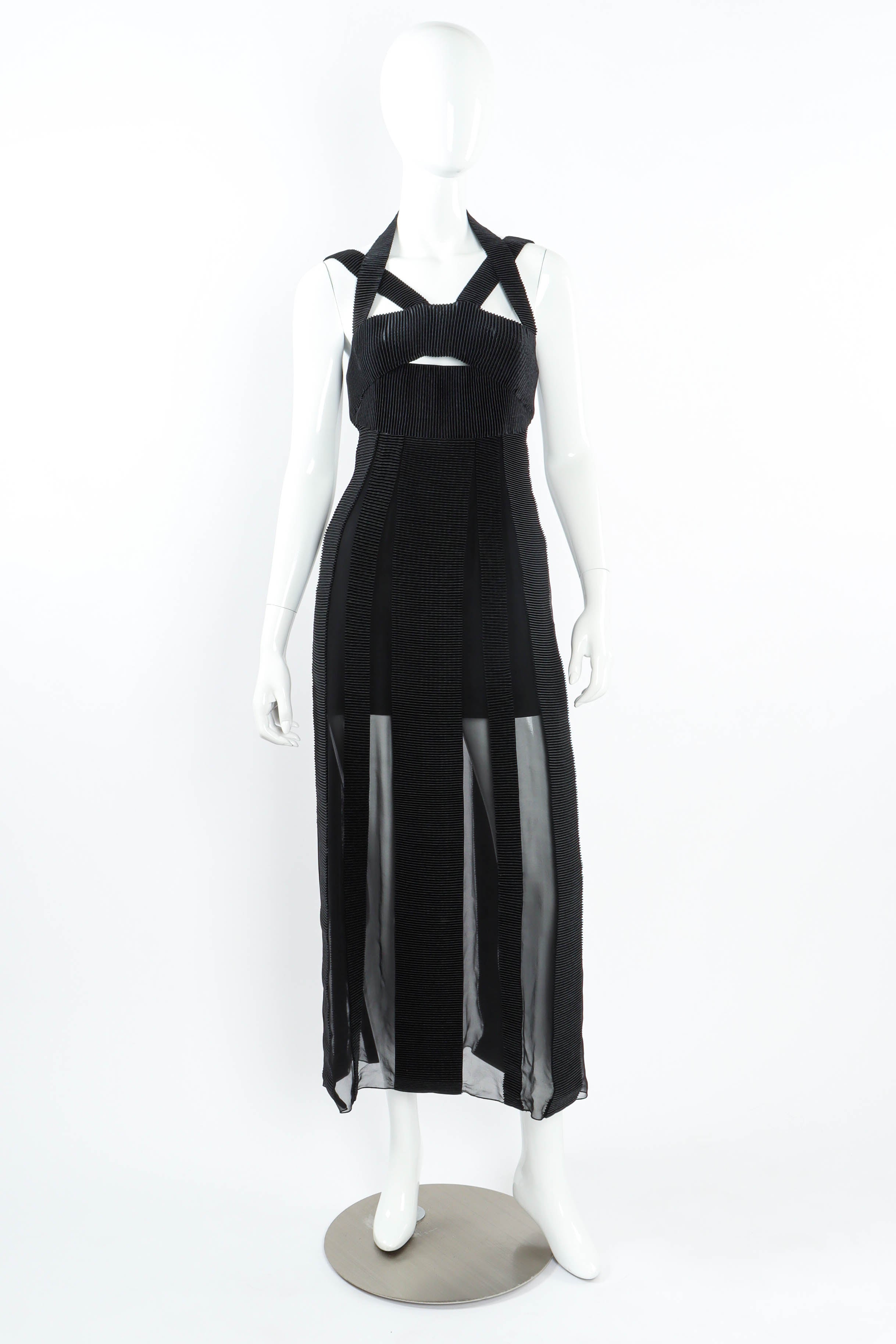 Vintage Karl Lagerfeld Mesh Stripes Pleat Dress mannequin front  @ Recess LA