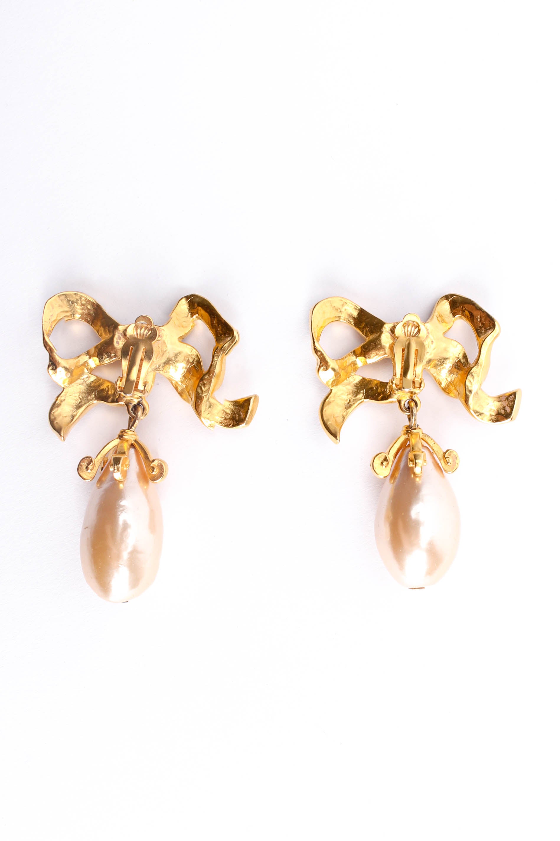 Vintage Karl Lagerfeld Flowy Ribbon Pearl Drop Earrings back close up @ Recess LA