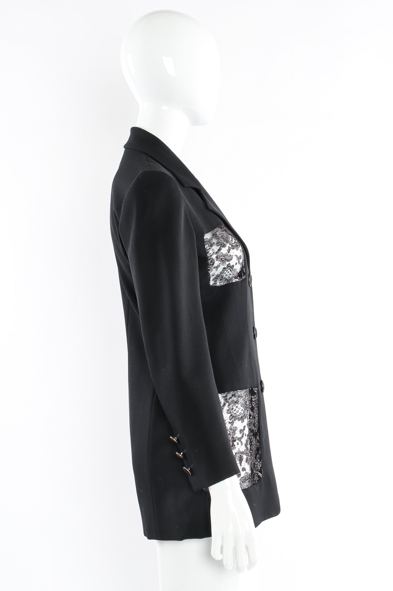 Vintage Karl Lagerfeld Metallic Lace Panel Wool Blazer mannequin side @ Recess LA