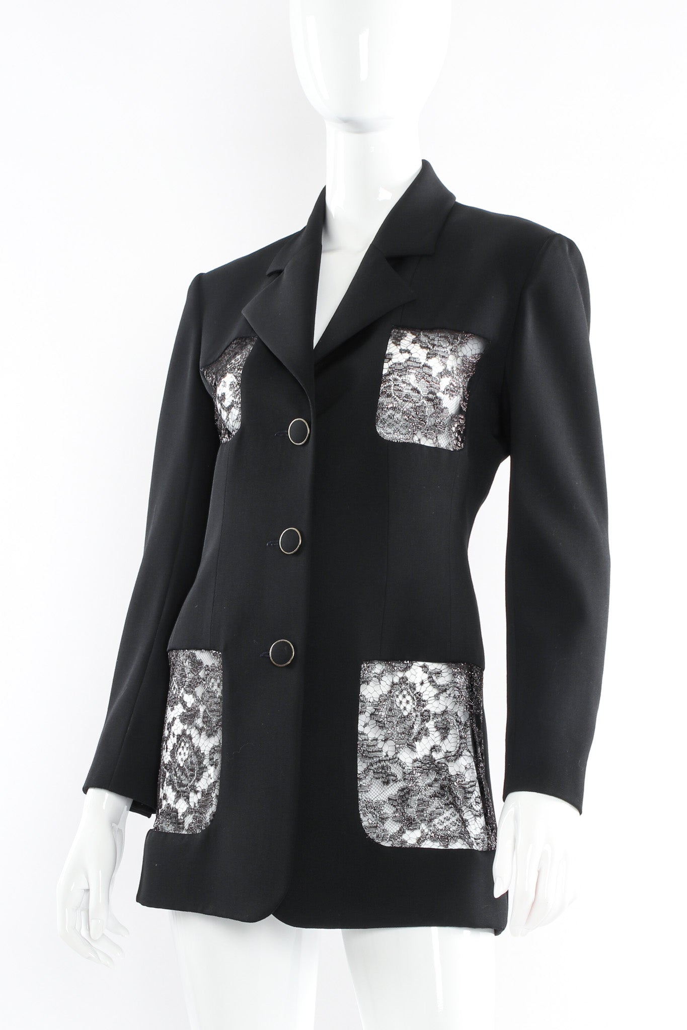 Vintage Karl Lagerfeld Metallic Lace Panel Wool Blazer mannequin angle @ Recess LA