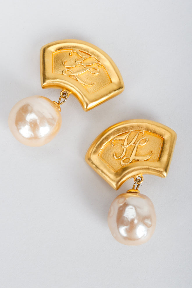Recess Vintage Karl Lagerfeld Golden Fan Pearl Drop Earrings on Grey