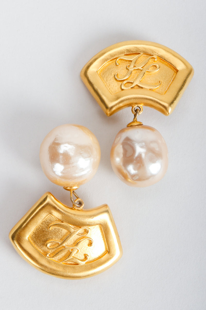Recess Vintage Karl Lagerfeld Golden Fan Pearl Drop Earrings on Grey