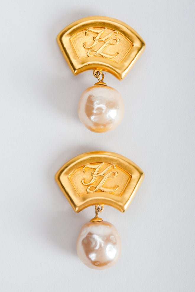 Recess Vintage Karl Lagerfeld Golden Fan Pearl Drop Earrings on Grey