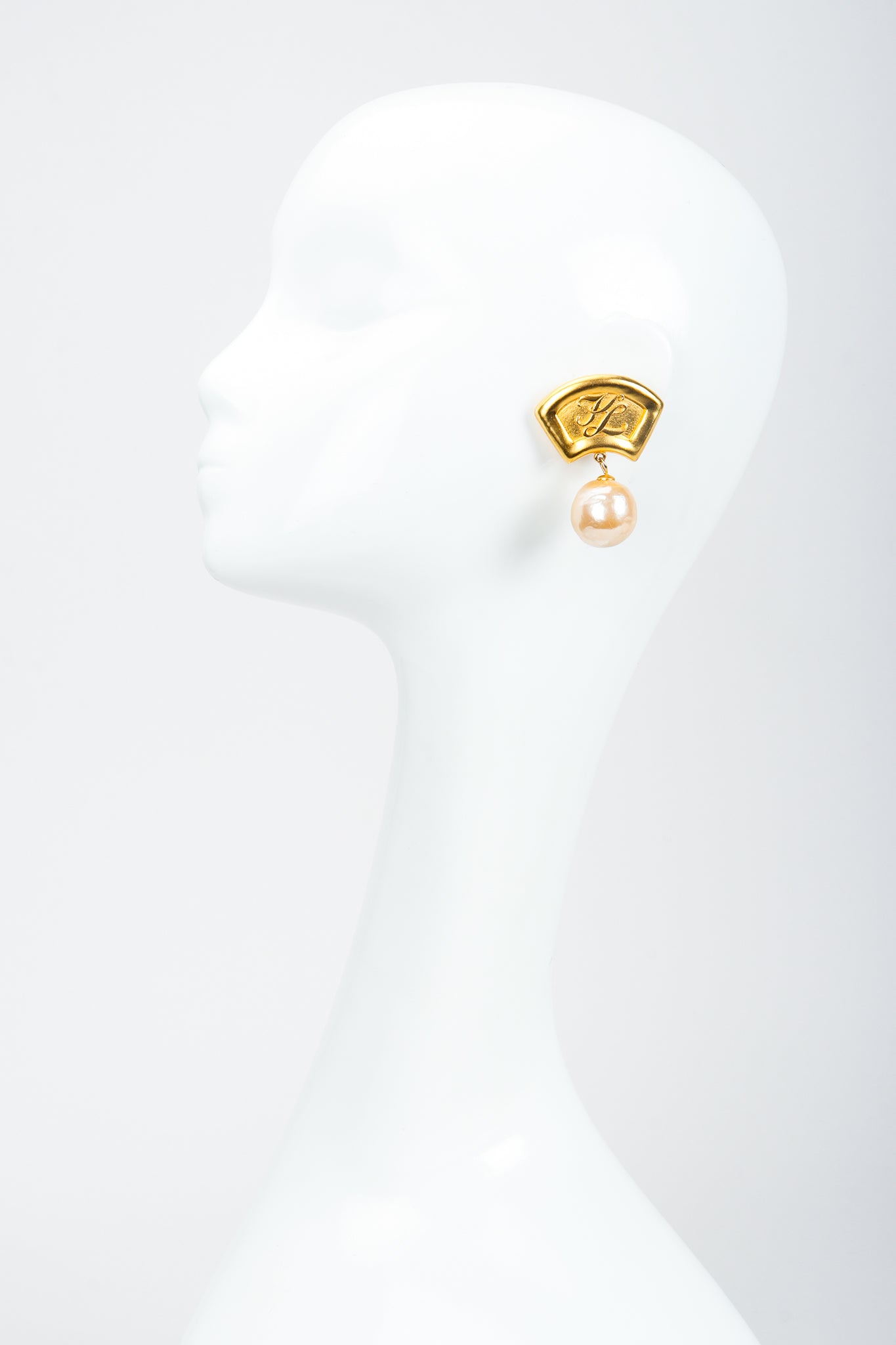 Recess Vintage Karl Lagerfeld Golden Fan Pearl Drop Earrings on Mannequin