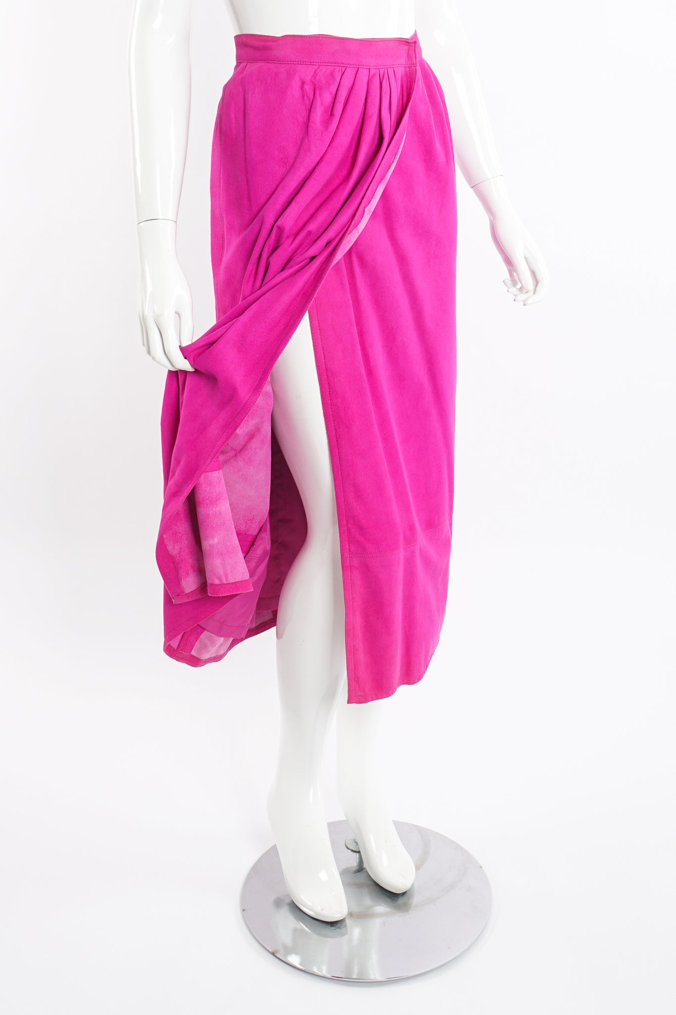 Vintage Kasper for JL Sport Hot Pink Tissue Suede Wrap Skirt on Mannequin side at Recess LA