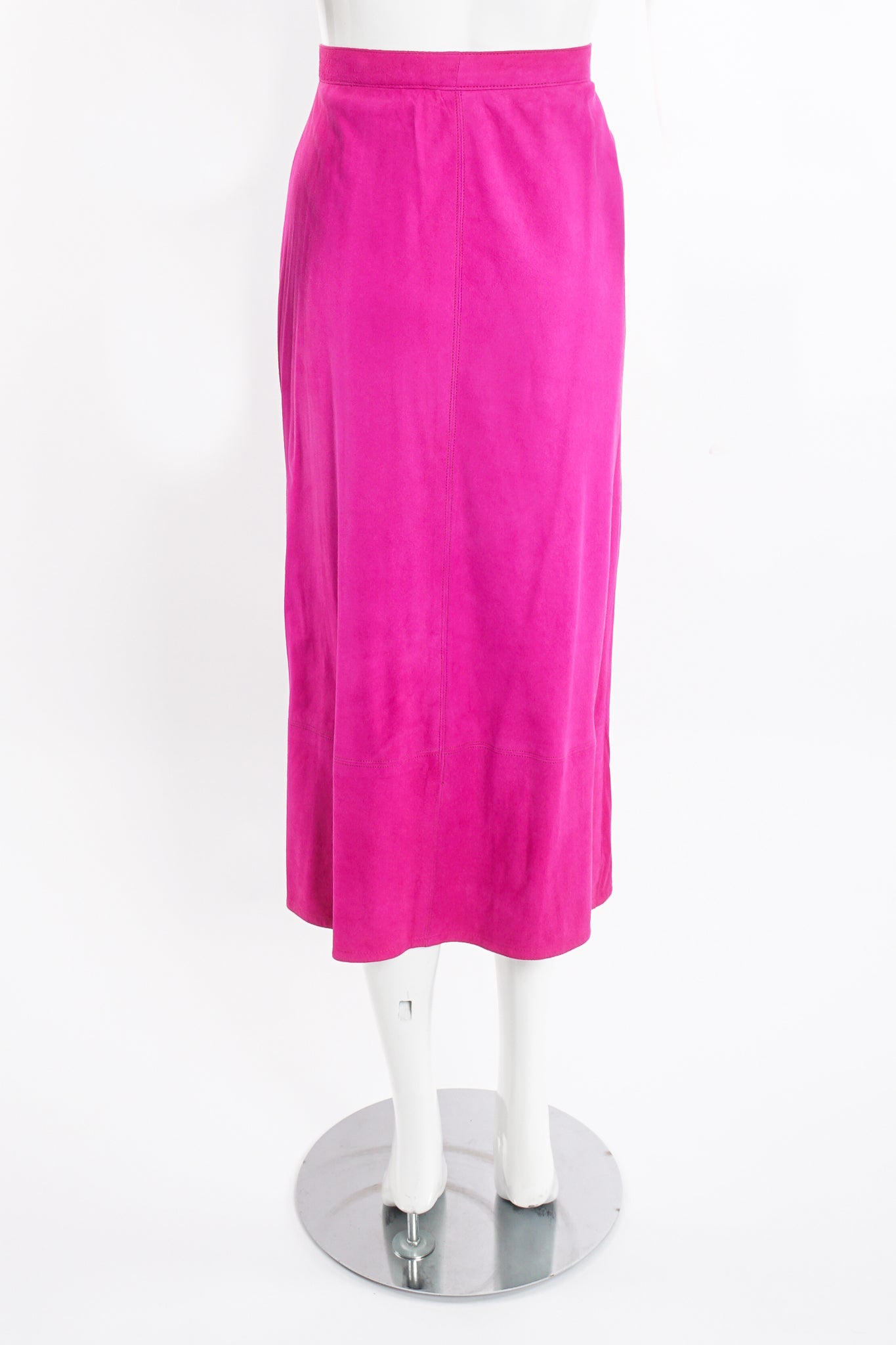 Vintage Kasper for JL Sport Hot Pink Tissue Suede Wrap Skirt on Mannequin back at Recess LA