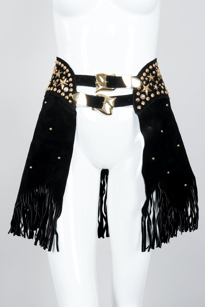 Vintage Katherine Baumann Black Studded Suede Fringe Belt on mannequin at Recess Los Angeles