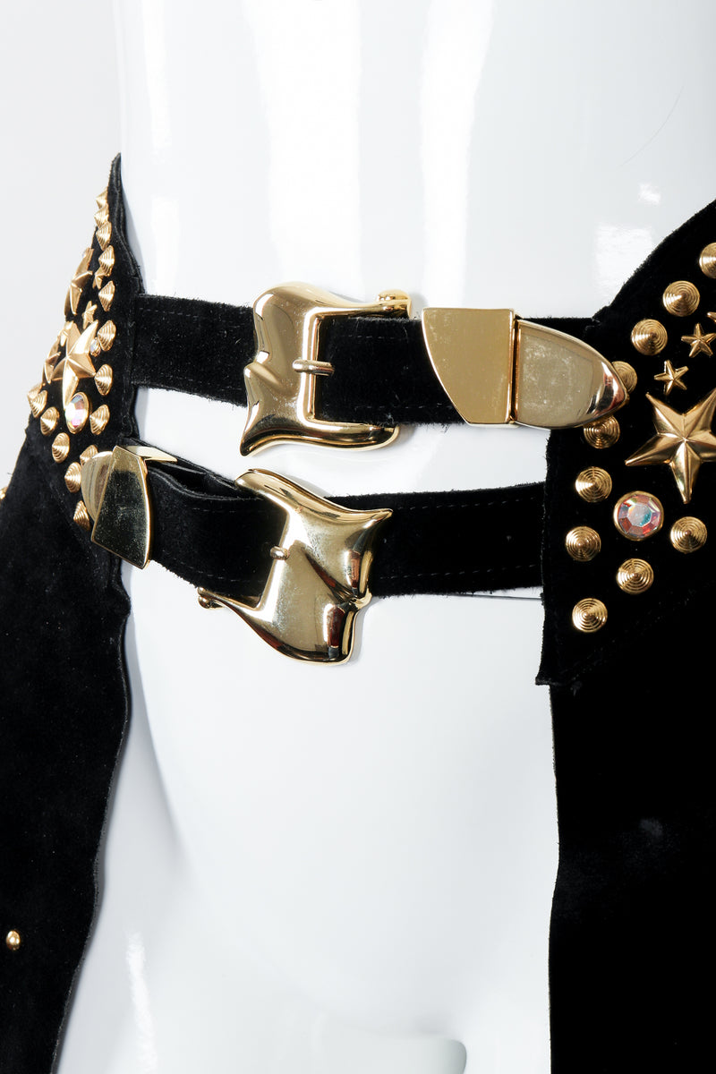 Vintage Katherine Baumann Black Studded Suede Fringe Belt buckle detail