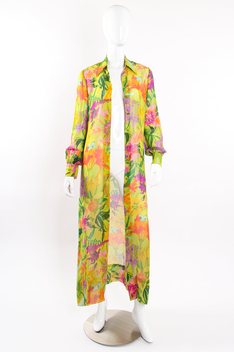 Vintage Ken Scott Tropical Chiffon Shirt Dress Duster on Mannequin open at Recess LA