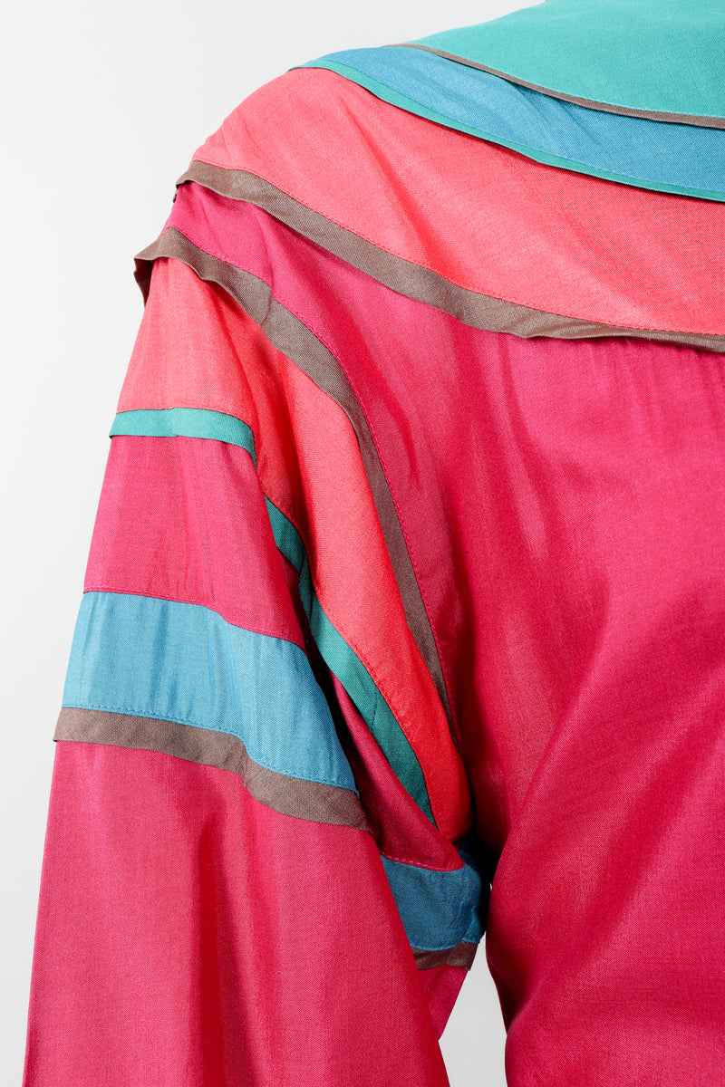 Vintage Kenzo Colorblock Silk Peasant Dress on mannequin curved yoke detail